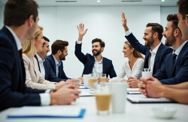 Business meeting with colleagues raising hands in a collaborative discussion