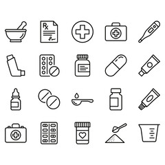 Medical and pharmacy line icon set. Vector illustrations of drugs, medication bottles, pills, first aid kit, thermometer, and prescription symbols in a clean black outline style.