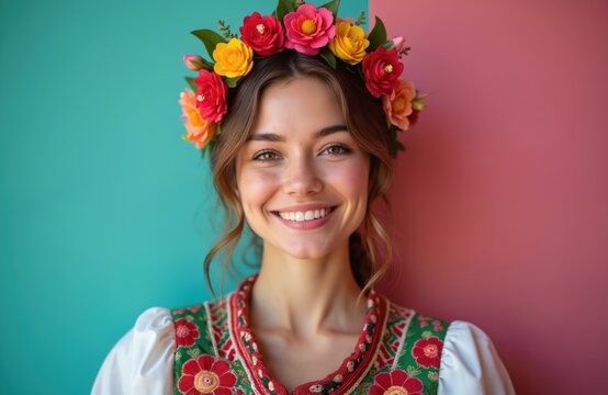 Woman in ethnic dress. Smiling girl with flower crown poses in green pink background. She wears traditional hungarian clothing with floral embroidery. Model shows folk beauty, culture and style.