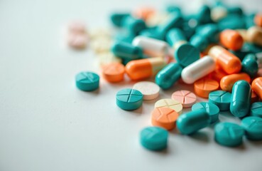 Pills and capsules scattered across a clean white surface for pharmaceutical study