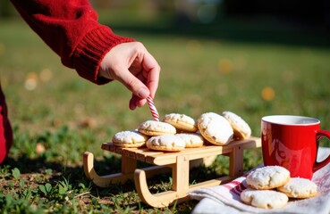 Cookies on a wooden sled arranged for a rustic outdoor picnic under sunlight