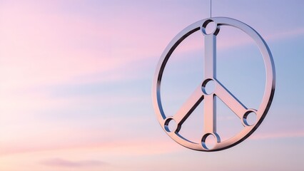 Silver peace symbol hanging against pastel sunset sky  