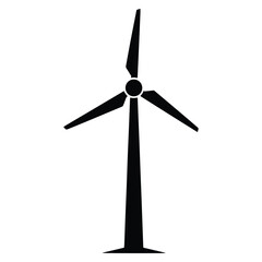 Black silhouette of a three bladed wind turbine on a white background