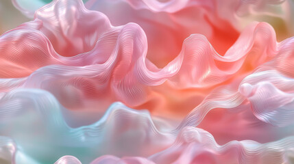 Sheets of pastel glass appear cocooned in swirling folds, with luminous pink and green edges offering a whimsical sheen