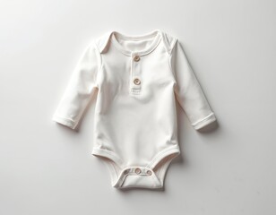White baby bodysuit lies on background. Infant clothing with long sleeves and buttons. Newborn baby onesie apparel template for fashion. Baby care clothing design for kids