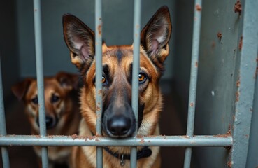 Sad german shepherd dog looks through cage bars at animal shelter. Homeless lonely pet waits for adoption and new owner in kennel. Stray puppy needs rescue protection and loving home from volunteers.