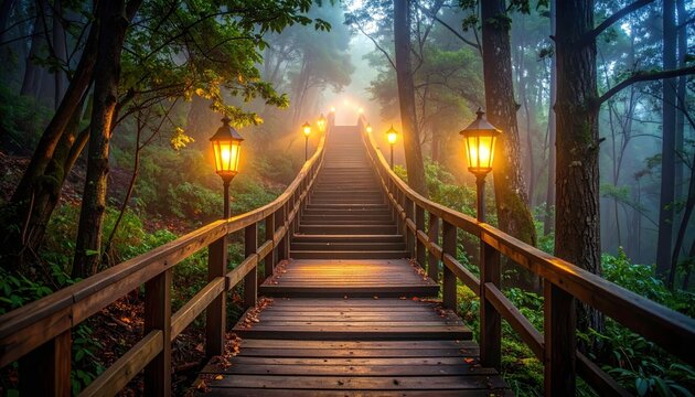 Wooden staircase with railings and warm lanterns leading into foggy forest at dusk. Magical fairytale path, wanderlust, mystery, inspirational travel and fantasy scene.