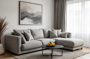 Living room interior with grey modular sofa arrangement. Modern apartment design with couch pillows table decor painting carpet curtain. Comfortable home furniture lounge area indoor style.