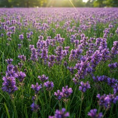 Naklejka premium Clusters of vibrant purple blossoms densely cover a field of fresh, luminous green foliage under bright natural sunlight ,sunny ,vibrant ,plant