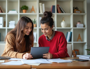 Two young women work together in modern office space. Look at digital tablet screen, discussing content. Female colleagues collaborate on business project, smiling, sharing ideas during productive
