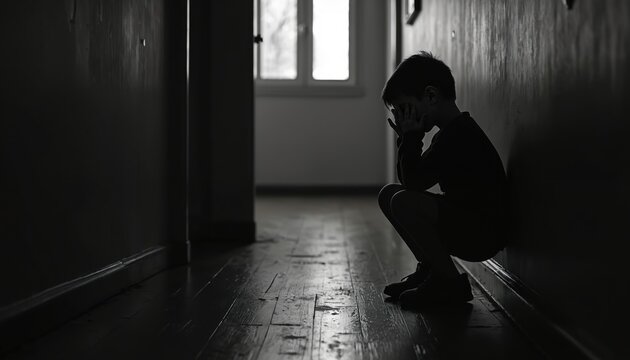 A small child sits alone in a dark corridor. The boy covers his face in shadow expressing sadness. The photo illustrates mental health issues and childhood loneliness.