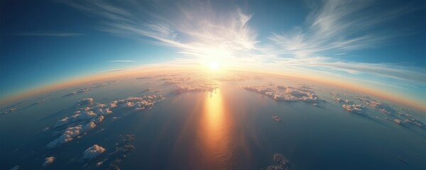 Aerial view of Earth from high altitude shows bright sun. Warm golden light spreads across vast ocean, cloud layers. Blue sky meets orange horizon. Fluffy clouds float above water surface. Peaceful