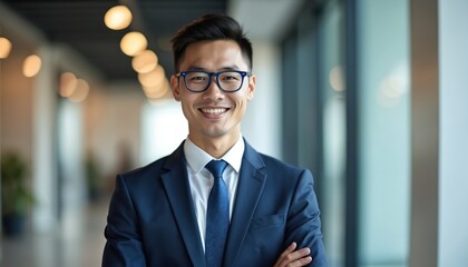 Young Asian man wears dark blue suit, white shirt, blue tie, glasses. He smiles confidently, arms crossed in modern office hallway. Pro portrait, business style.