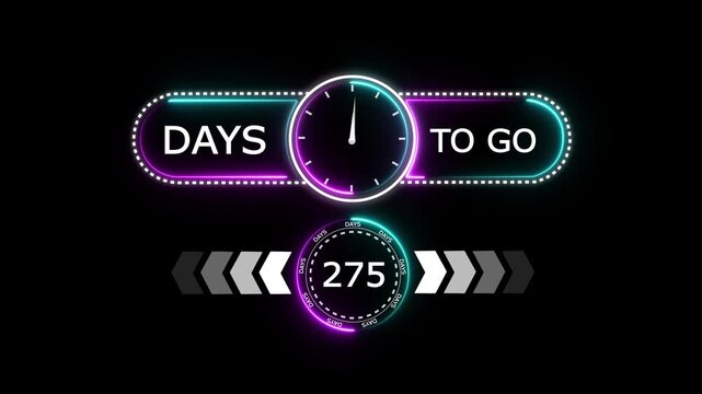 275 Days to go glowing neon countdown timer icon.Minimal countdown timer animation days to go.Count time display with black background, label button ,promotion clock sign business concept.with video.