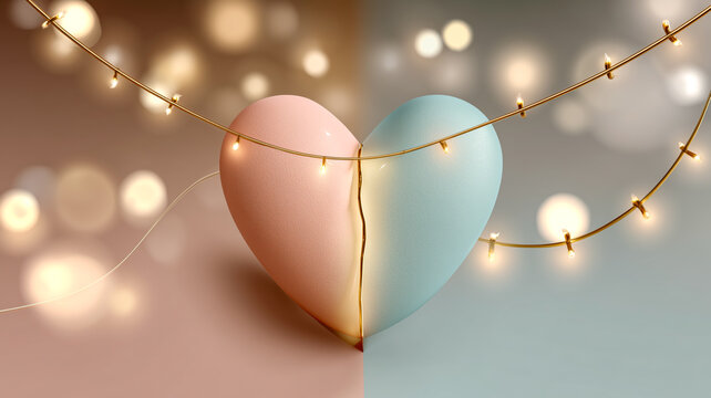A pastel pink and blue heart entwined by a string of delicate fairy lights, casting a warm, romantic glow against a bokeh background.