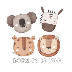 Fototapeta premium cartoon animals, hand drawing lettering, décor elements. Colorful illustration, flat style. design for cards, print, posters, logo, cover