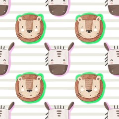 Fototapeta premium Seamless pattern with cartoon lion, zebra, decor elements. colorful illustration for kids. hand drawing, flat style. baby design for fabric, print, textile, wrapper