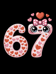 The image features the number 67, adorned with a pattern of pink and red hearts. It has a smiling face with a bow, exuding a playful and cheerful vibe.