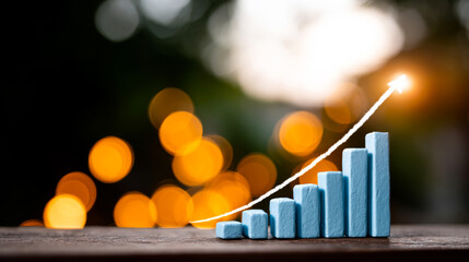 Progress growth chart. Bar graph illustrates upward trend with decorative lights in the background, symbolizing achievement and optimism.