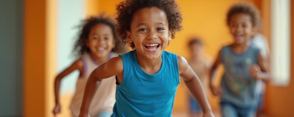 Young African American boy runs forward, laughing happily. Children chase behind, smiling. Kids engage in active games indoors. Fun in bright room, full of childhood energy, movement, joy.