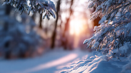 Winter sunset with snow-covered trees. Sunlight filters through snowy branches in a serene winter forest at sunset, casting a warm glow.