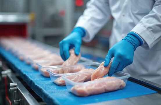 Worker in white uniform, blue gloves packs raw chicken fillet into plastic containers on conveyor belt in poultry processing plant. Chicken meat production line in modern food factory. Automated