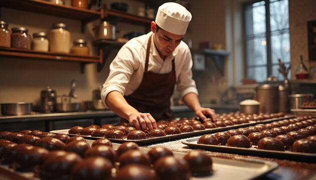 Skilled chef in toque and apron arranges rows of glossy chocolates on trays in a warm, inviting kitchen. He meticulously crafts sweet confections, preparing for sale or distribution.