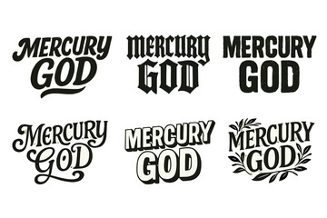 Obraz premium Mercury Lettering Variations. Mercury God. Set lettering. harmonious lettering variations of the same emblematic concept (Bold hand-lettering with playful