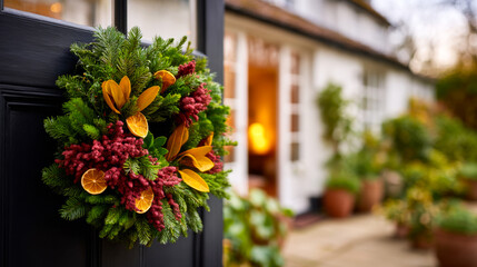 Holiday wreath on a door. A colorful wreath on a black door, framed by greenery and warm lights, creates a festive holiday vibe.