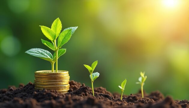 Gold coins stacked with green plant growing from. Young saplings also sprout from dark soil. Green finance, eco investment, money growth, responsible banking. Shows sustainable wealth development for