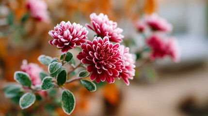 Flowers bloom in autumn with frost. Vibrant red flowers with white tips stand out against autumn leaves, showcasing the beauty of the season and frost.