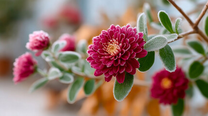 Red flower blooms in fall garden. A bright red flower stands out in a garden with soft frost covering its petals during the cool autumn season.