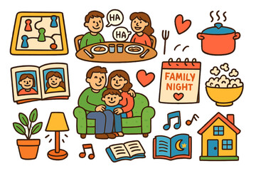 Fototapeta premium Family Bonding Icons. Home life as part of family bonding. Colorful Hand-drawn doodle Children illustration Home life as part of family bonding board game,
