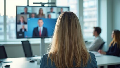 Team members join virtual town hall meeting on big screen. CEO talks to diverse remote employees worldwide. Business discusses company goals, strategy, and future plans.