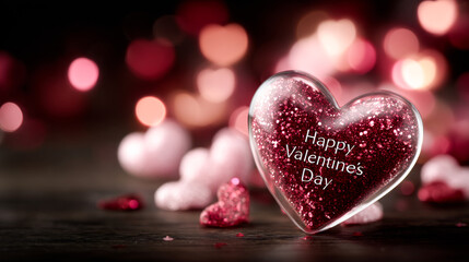 Obraz premium Valentine's Day heart decor. A shiny red heart with glitter sits among pink hearts, celebrating love on Valentine's Day with a festive atmosphere.