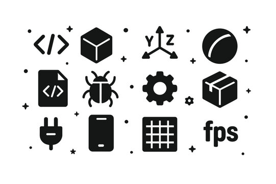 Augmented Reality Icons. augmented reality development. Solid icons set of augmented reality development: code brackets, game engine cube, 3D axis gizmo,