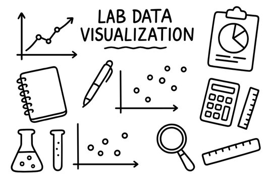 Lab Data Doodles. Lab Data Visualization. Hand-drawn doodle illustration Lab Data Visualization line graph, bar chart, pie chart, scatter plot, axes,