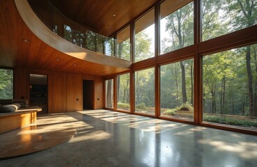 Fototapeta premium Modern house interior with big windows overlooking green forest trees. Light comes inside empty room. Wood walls, ceiling match with floor. Minimalist interior design combines nature, living space.