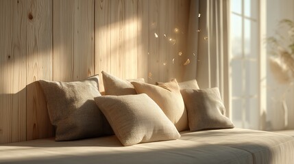 Fototapeta premium pillows rest on a sunlit bench with floating dust motes