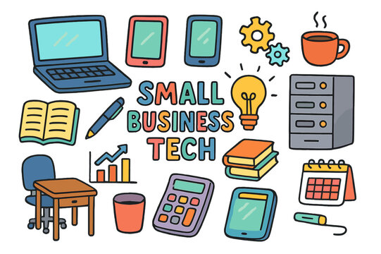 Colorful Tech Doodles. small business tech. Colorful Hand-drawn doodle Children illustration small business tech laptop, tablet, smartphone, coffee cup,