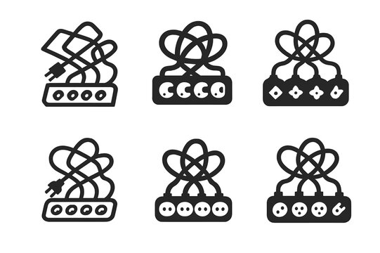 Power Strip Logos. Power strip clutter. Set Logo of Power strip clutter: overloaded strip with loops. harmonious logo variations of the same emblematic