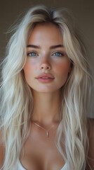 Naklejka premium Portrait of a Beautiful Blonde Woman with Blue Eyes and a Soft Smile on Beige Background