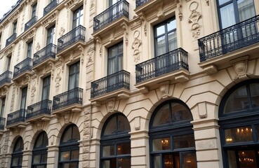 Fototapeta premium Facade of old building in Paris. Typical apartments with balcony, windows. French house exterior with architectural details. Travel concept photo. Rich decoration of building wall. Urban living in