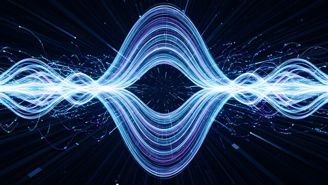 Ethereal wave propagation emanating symmetrical light forms against black expanse revealing energetic interactions