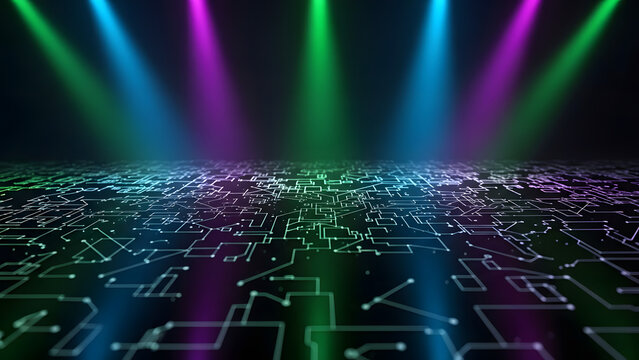 Illuminated digital grid landscape beneath vibrant light beams casting colorful reflections creating a futuristic