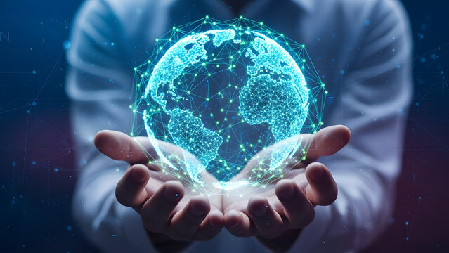 Digital sphere in human hands, representing connectivity, global networks and innovative technology, harnessing the