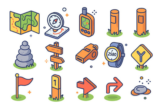 Trail Navigation Icons. Trail navigation. Colorful isometric vector icons set of Trail navigation: topographic map, baseplate compass, handheld GPS, trail