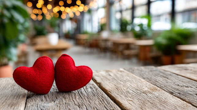 Felt hearts on a wooden table. Two red felt hearts sit on a wooden table in a cozy cafe filled with soft lights and greenery.