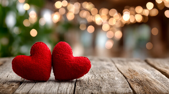 Red heart decorations on a wooden table. Two red felt hearts sit on a rustic wooden table with a soft, blurred background of warm lights. - Powered by Adobe