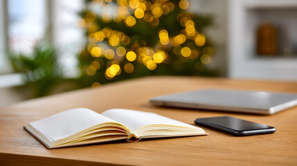 Cozy workspace with a book and laptop. A warm and inviting workspace features an open book, a sleek laptop, and a smartphone near a decorated Christmas tree.
